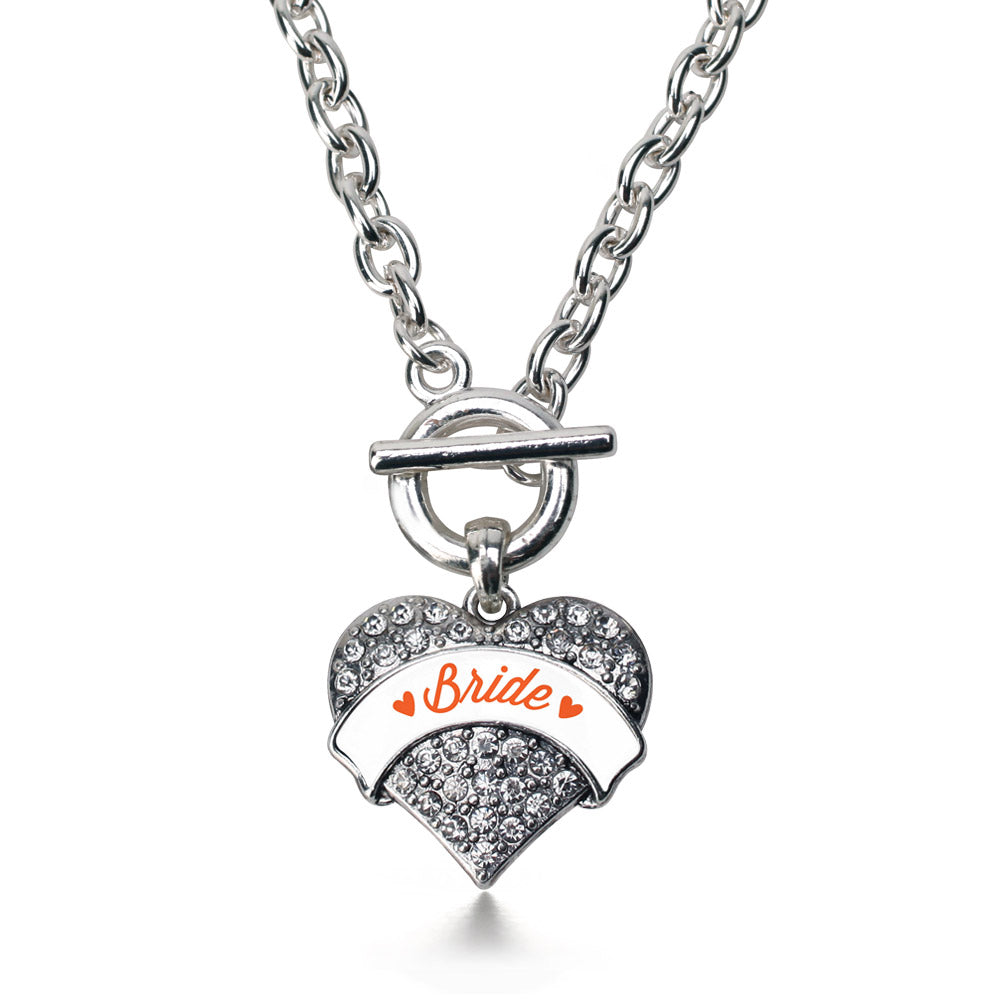 Silver Orange Bride Pave Heart Charm Toggle Necklace
