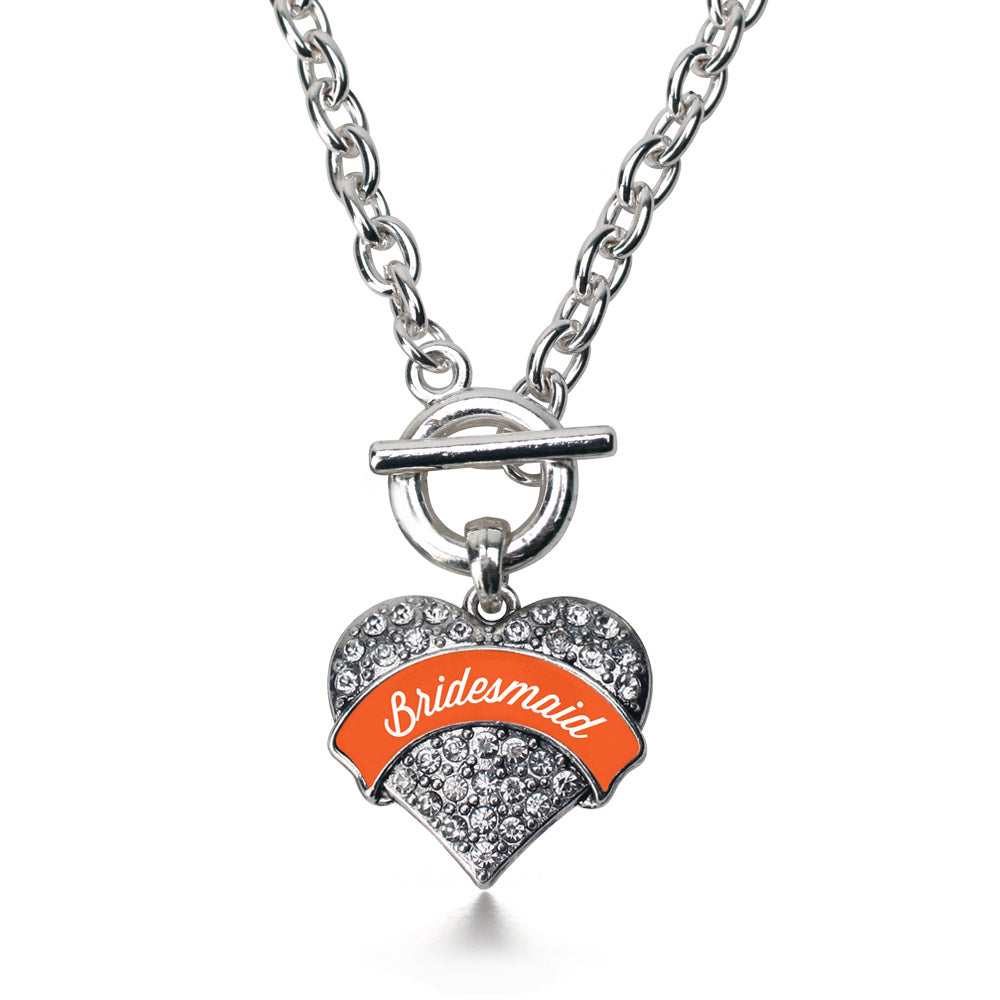 Silver Orange Bridesmaid Pave Heart Charm Toggle Necklace