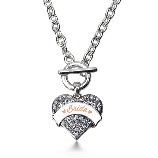 Silver Peach Bride Pave Heart Charm Toggle Necklace