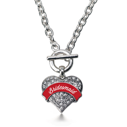 Silver Red Bridesmaid Pave Heart Charm Toggle Necklace