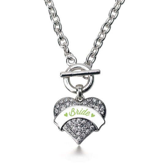 Silver Sage Green Bride Pave Heart Charm Toggle Necklace