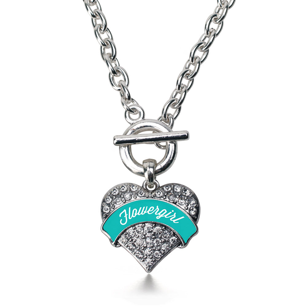 Silver Teal Flower Girl Pave Heart Charm Toggle Necklace