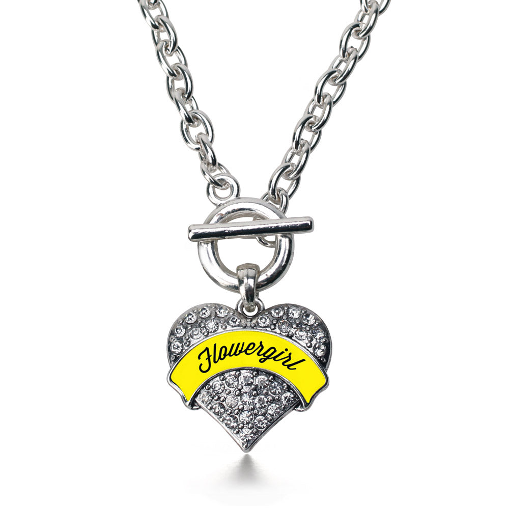 Silver Yellow Flower Girl Pave Heart Charm Toggle Necklace