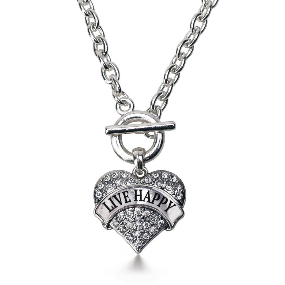 Silver Live Happy Pave Heart Charm Toggle Necklace