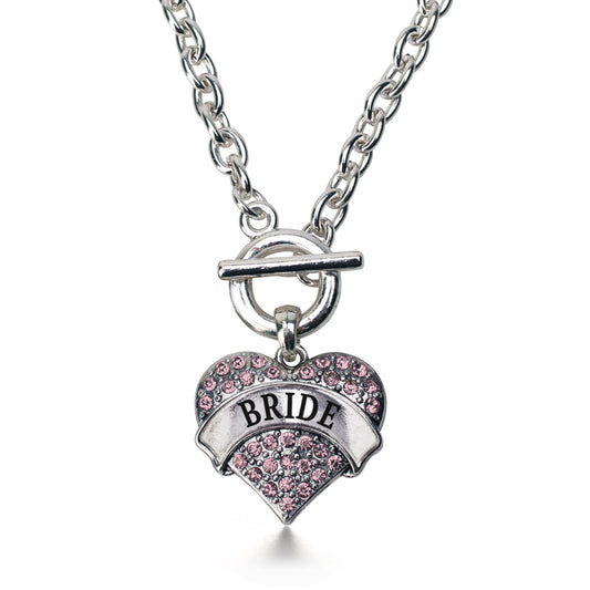 Silver Pink Bride Pink Pave Heart Charm Toggle Necklace