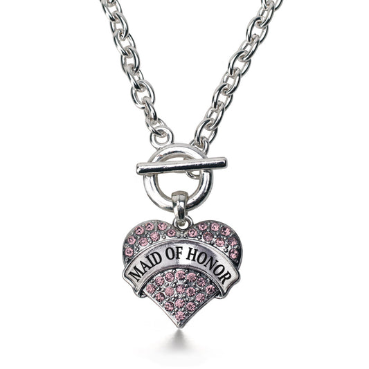 Silver Pink Maid of Honor Pink Pave Heart Charm Toggle Necklace
