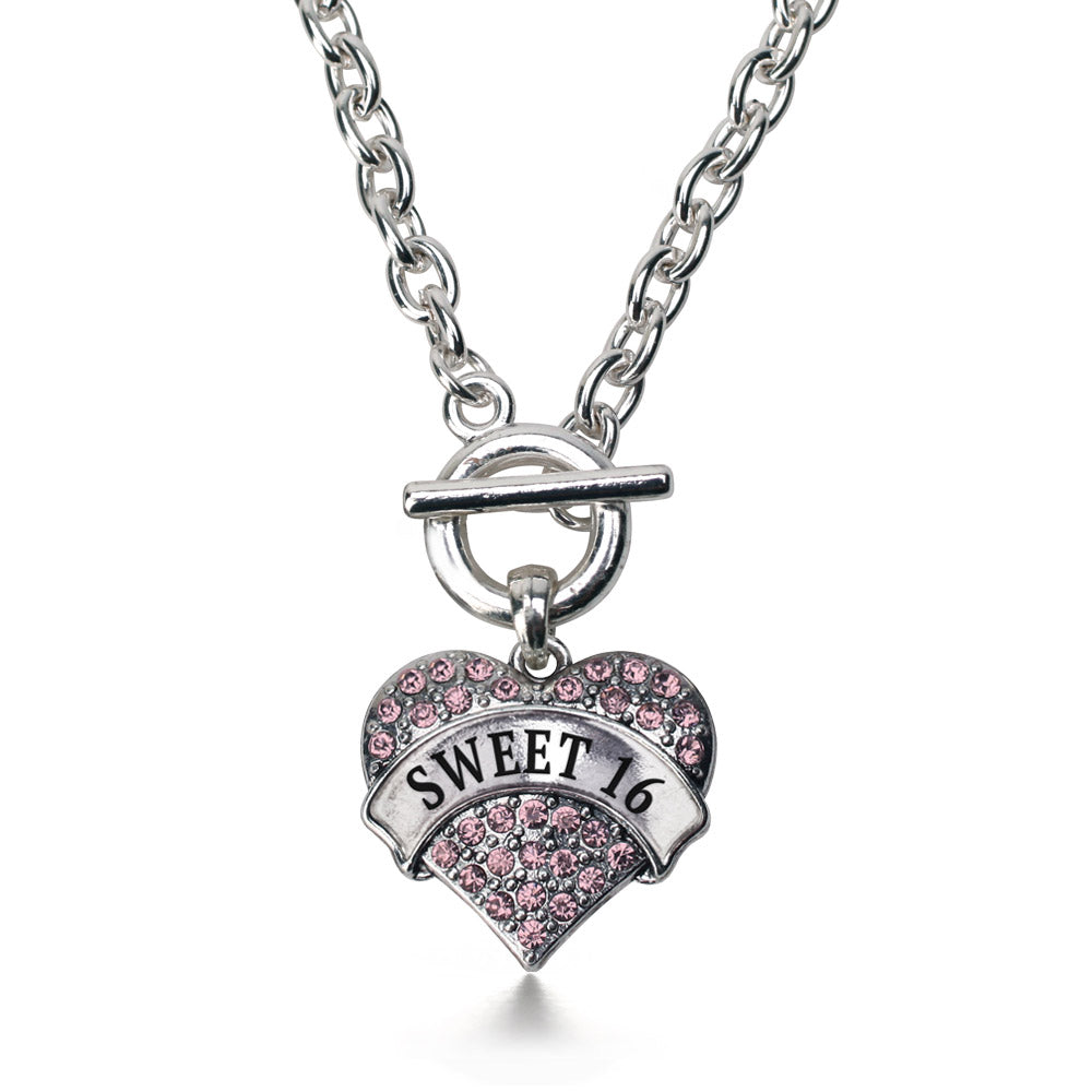 Silver Pink Sweet 16 Pink Pave Heart Charm Toggle Necklace