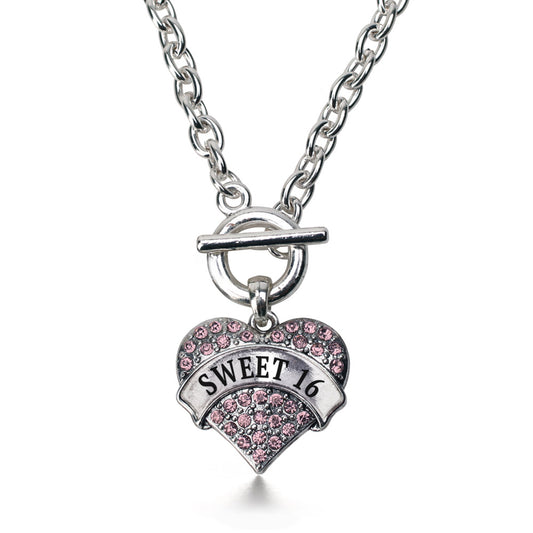 Silver Pink Sweet 16 Pink Pave Heart Charm Toggle Necklace
