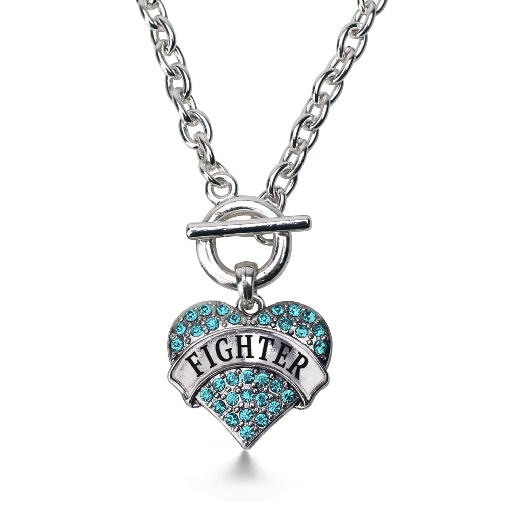 Silver Teal Fighter Aqua Pave Heart Charm Toggle Necklace