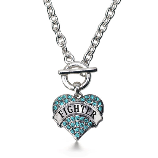 Silver Teal Fighter Aqua Pave Heart Charm Toggle Necklace