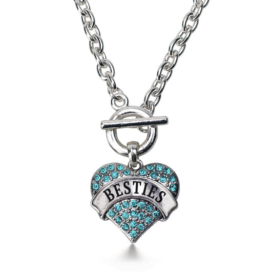 Silver Teal Besties Aqua Pave Heart Charm Toggle Necklace
