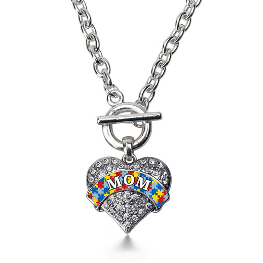 Silver Autism Mom Pave Heart Charm Toggle Necklace