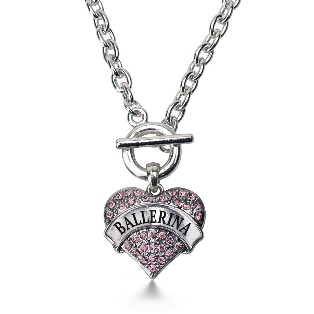 Silver Pink Ballerina Pink Pave Heart Charm Toggle Necklace