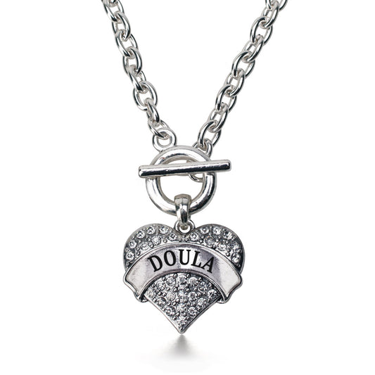 Silver Doula Pave Heart Charm Toggle Necklace
