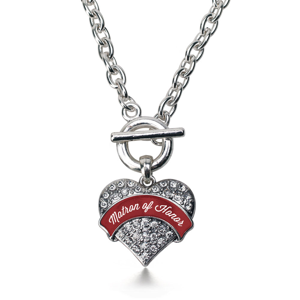 Silver Crimson Red Matron Pave Heart Charm Toggle Necklace