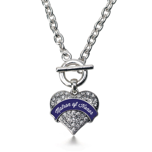 Silver Navy Blue Matron Pave Heart Charm Toggle Necklace