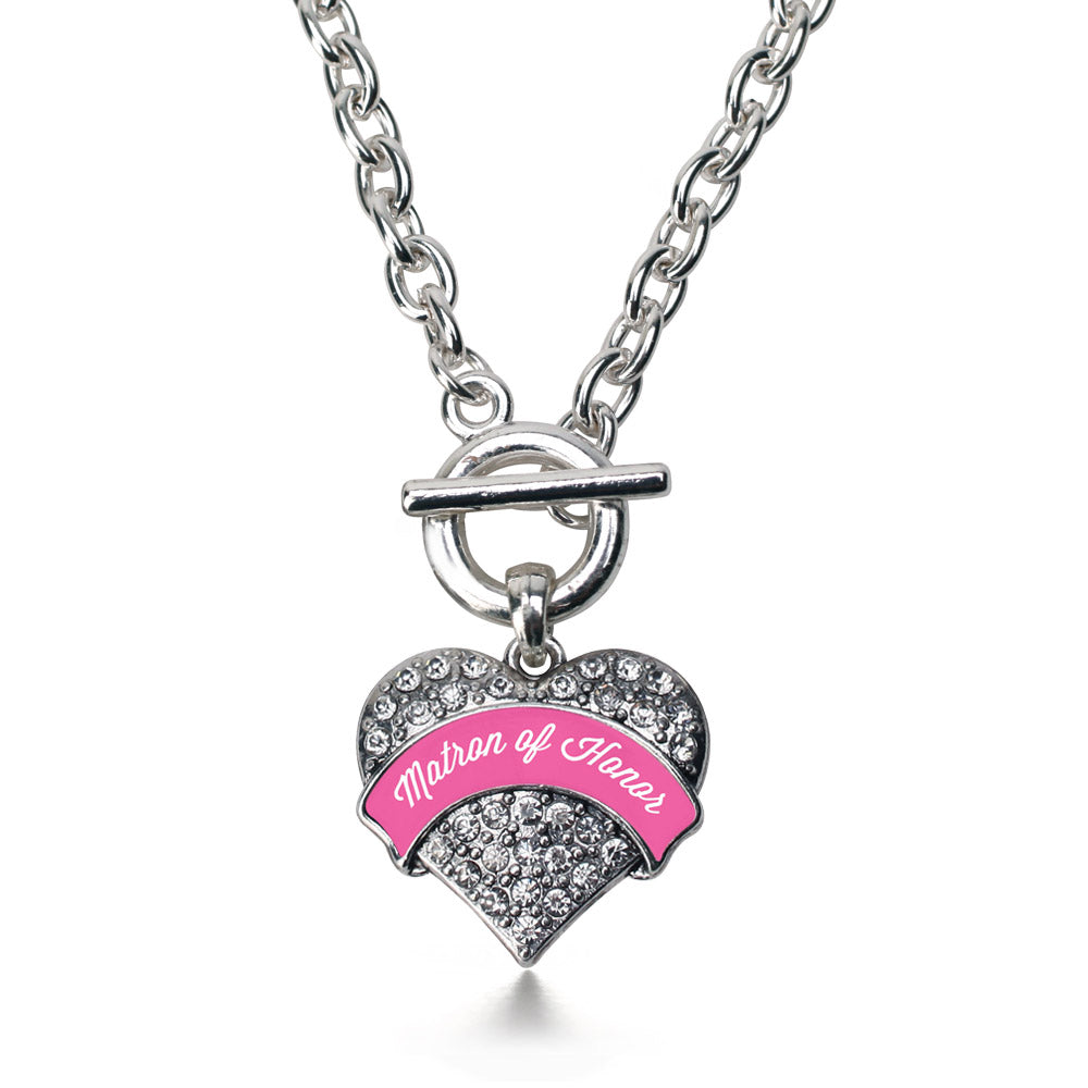 Silver Pink Matron Pave Heart Charm Toggle Necklace