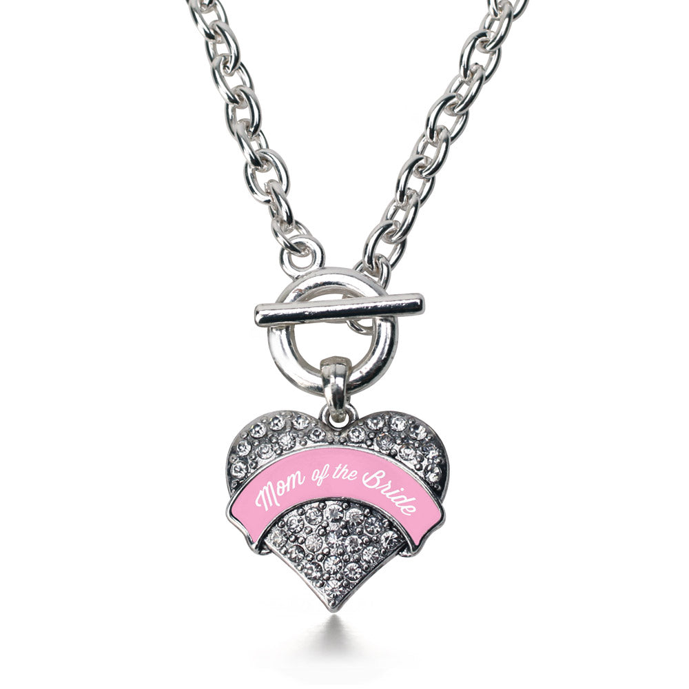 Silver Light Pink Mom of the Bride Pave Heart Charm Toggle Necklace