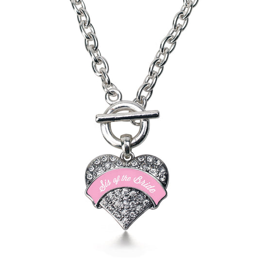 Silver Light Pink Sis of the Bride Pave Heart Charm Toggle Necklace