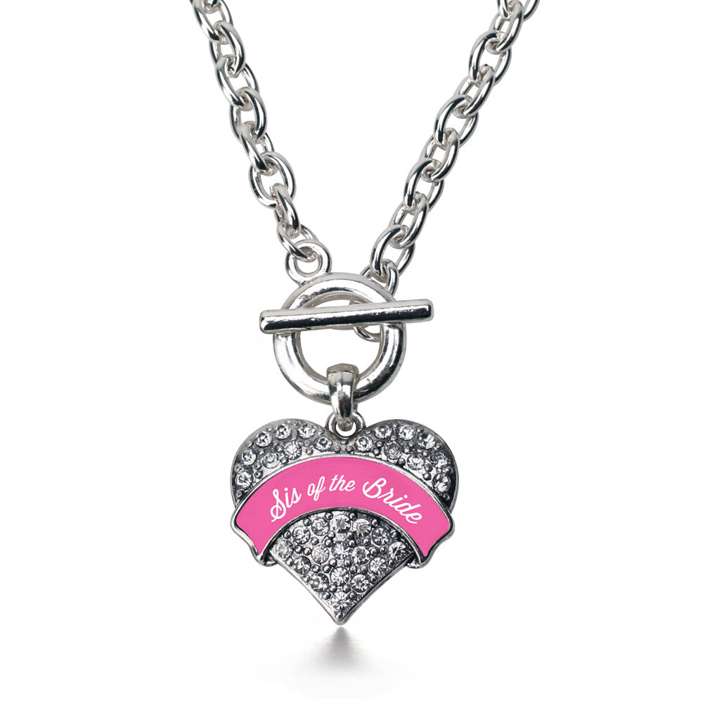 Silver Pink Sis of the Bride Pave Heart Charm Toggle Necklace