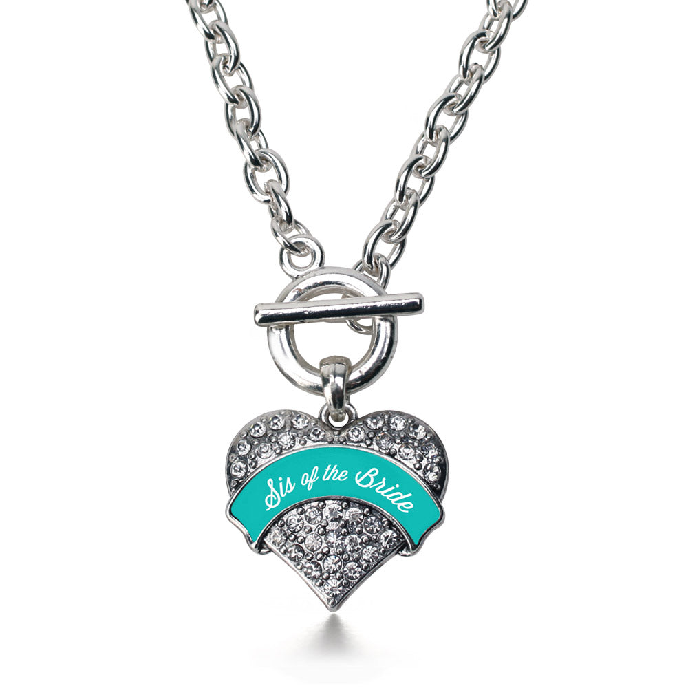 Silver Teal Sis of the Bride Pave Heart Charm Toggle Necklace
