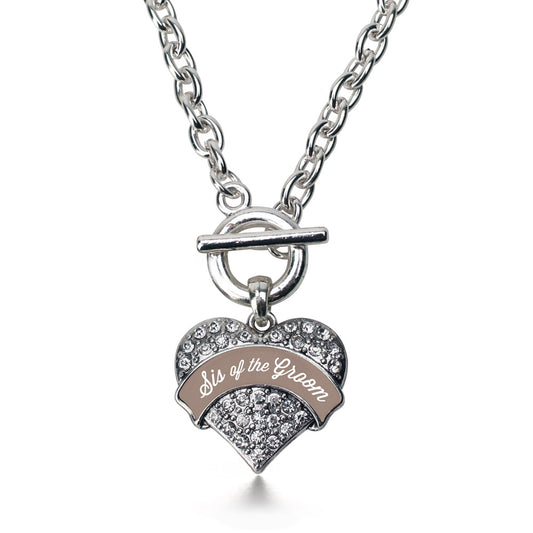 Silver Brown and White Sis of the Groom Pave Heart Charm Toggle Necklace