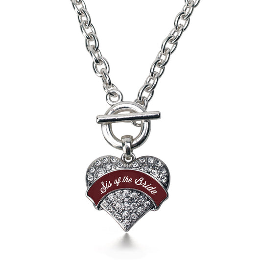 Silver Burgundy Sis of the Bride Pave Heart Charm Toggle Necklace