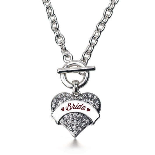 Silver Burgundy Bride Pave Heart Charm Toggle Necklace