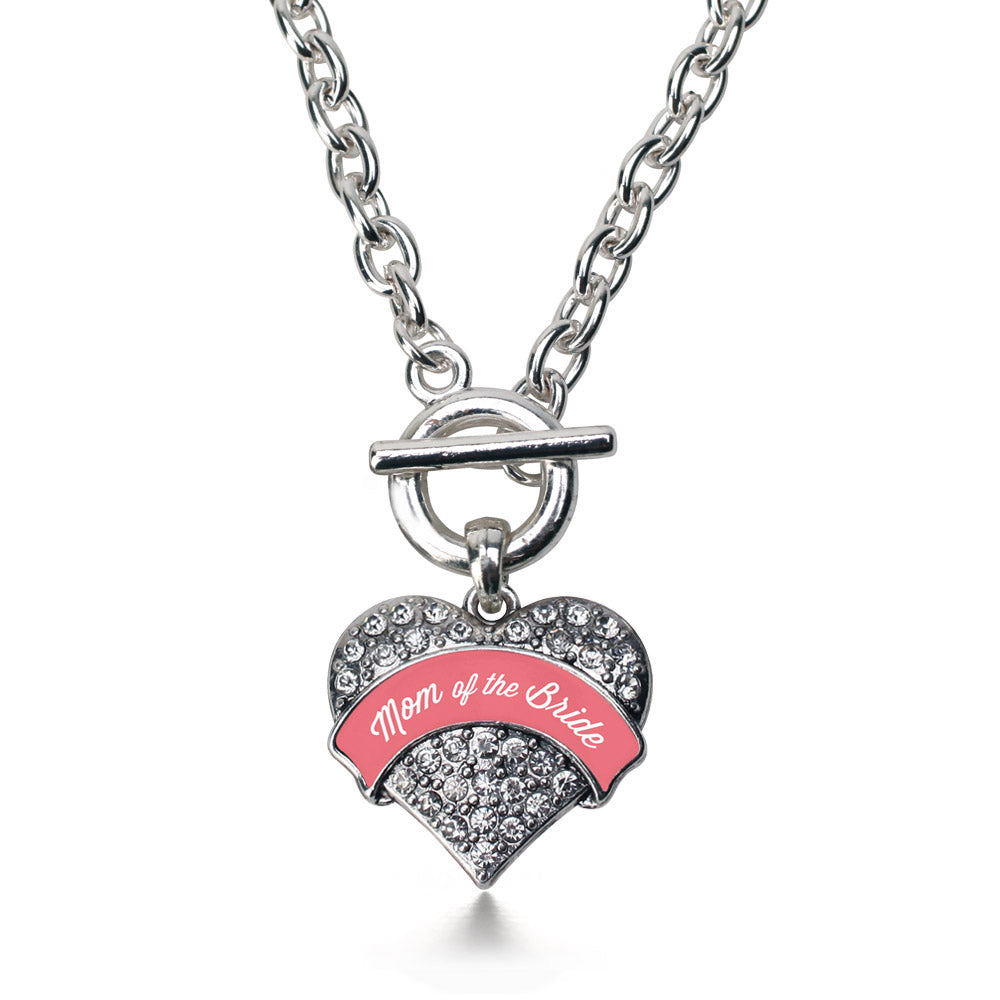 Silver Coral Mom of Bride Pave Heart Charm Toggle Necklace