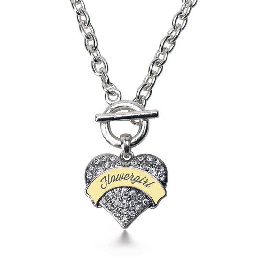 Silver Cream Flower Girl Pave Heart Charm Toggle Necklace
