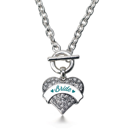 Silver Dark Teal Bride Pave Heart Charm Toggle Necklace