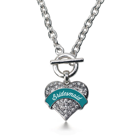 Silver Dark Teal Bridesmaid Pave Heart Charm Toggle Necklace