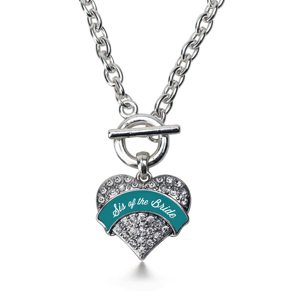 Silver Dark Teal Sis of Bride Pave Heart Charm Toggle Necklace