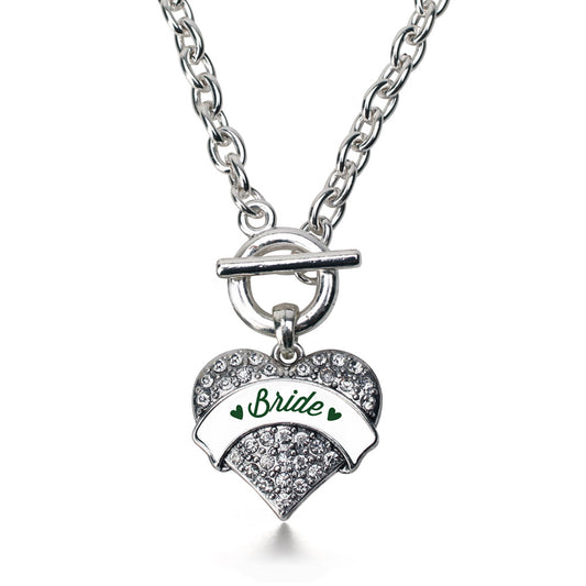 Silver Forest Green Bride Pave Heart Charm Toggle Necklace