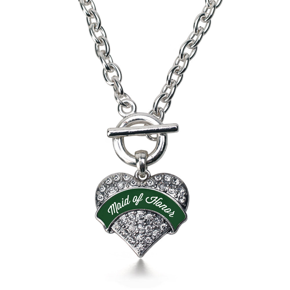 Silver Forest Green Maid of Honor Pave Heart Charm Toggle Necklace