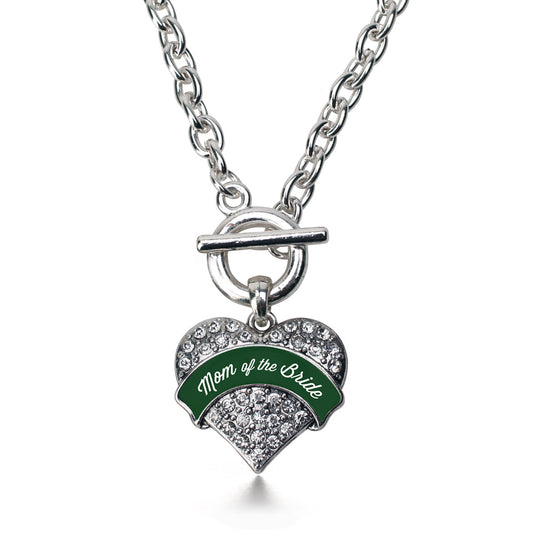 Silver Forest Green Mom of Bride Pave Heart Charm Toggle Necklace