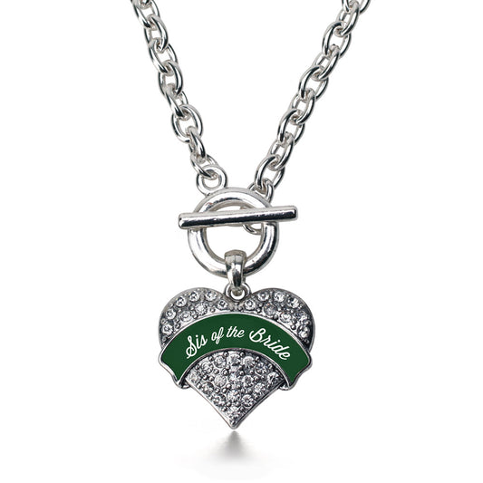 Silver Forest Green Sis of Bride Pave Heart Charm Toggle Necklace
