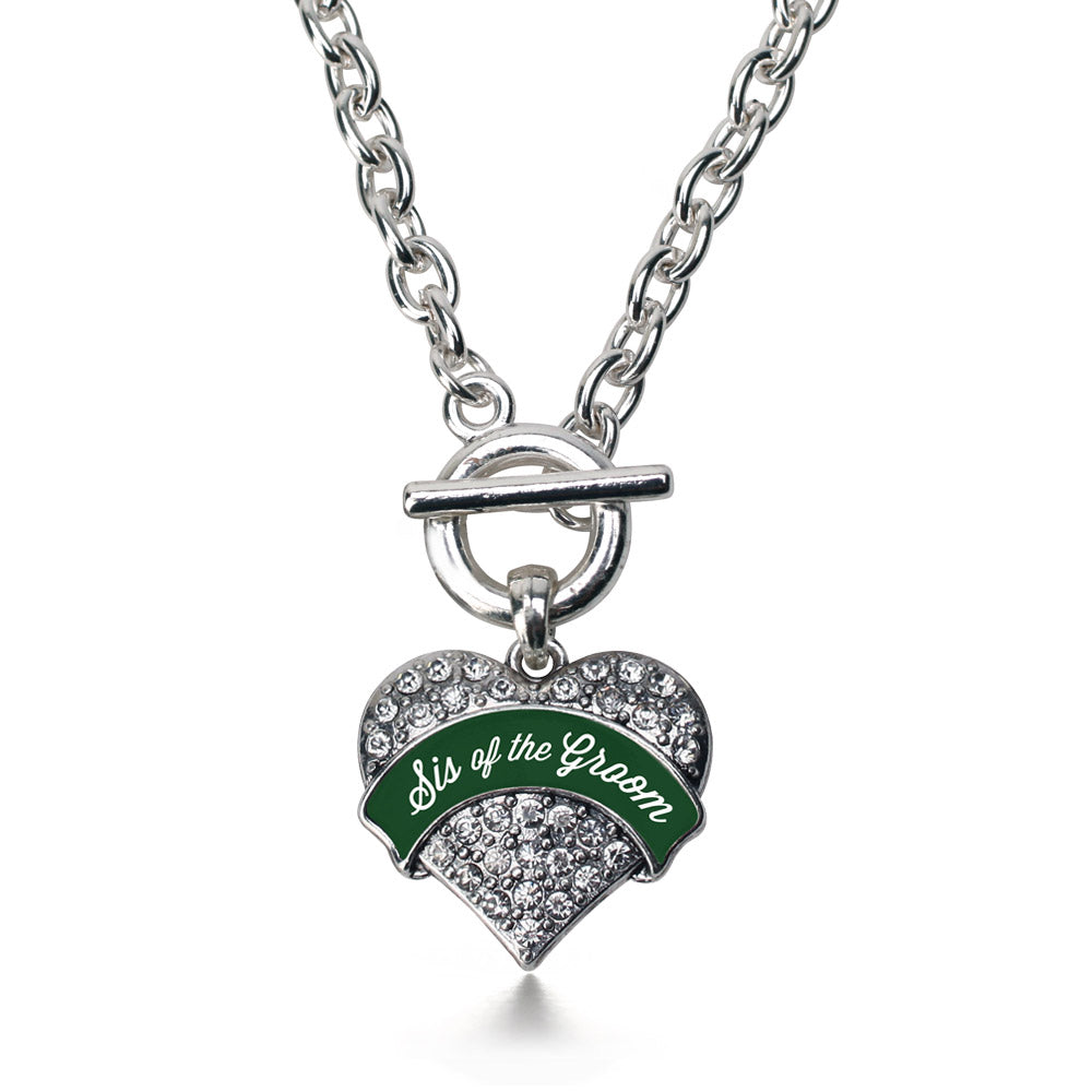 Silver Forest Green Sis of Groom Pave Heart Charm Toggle Necklace