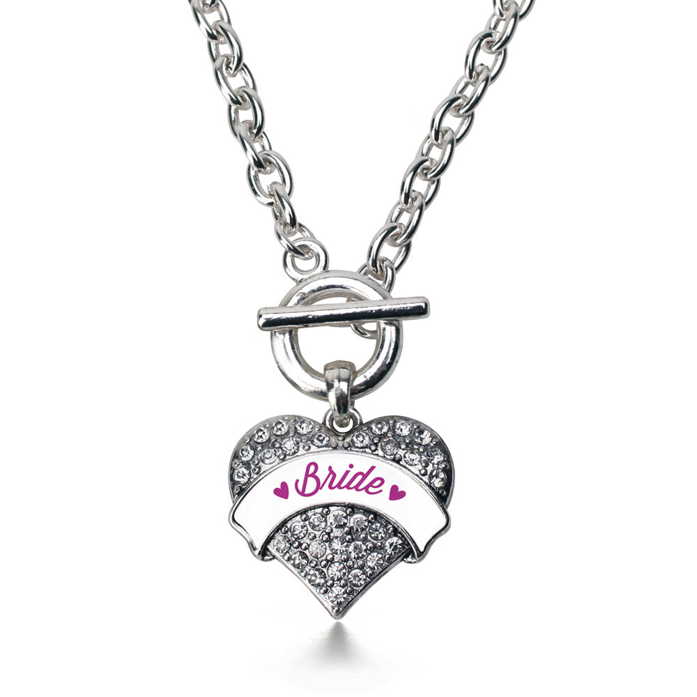 Silver Magenta Bride Pave Heart Charm Toggle Necklace