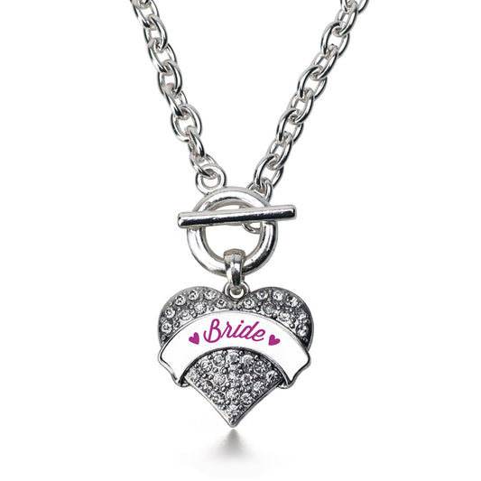 Silver Magenta Bride Pave Heart Charm Toggle Necklace
