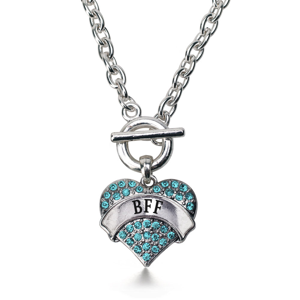 Silver Teal BFF Aqua Pave Heart Charm Toggle Necklace