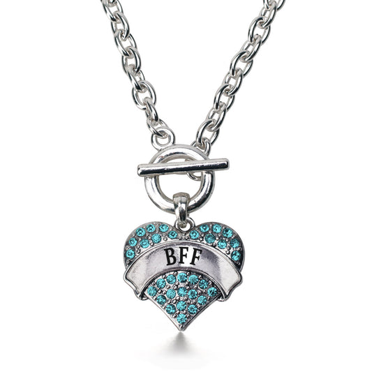 Silver Teal BFF Aqua Pave Heart Charm Toggle Necklace