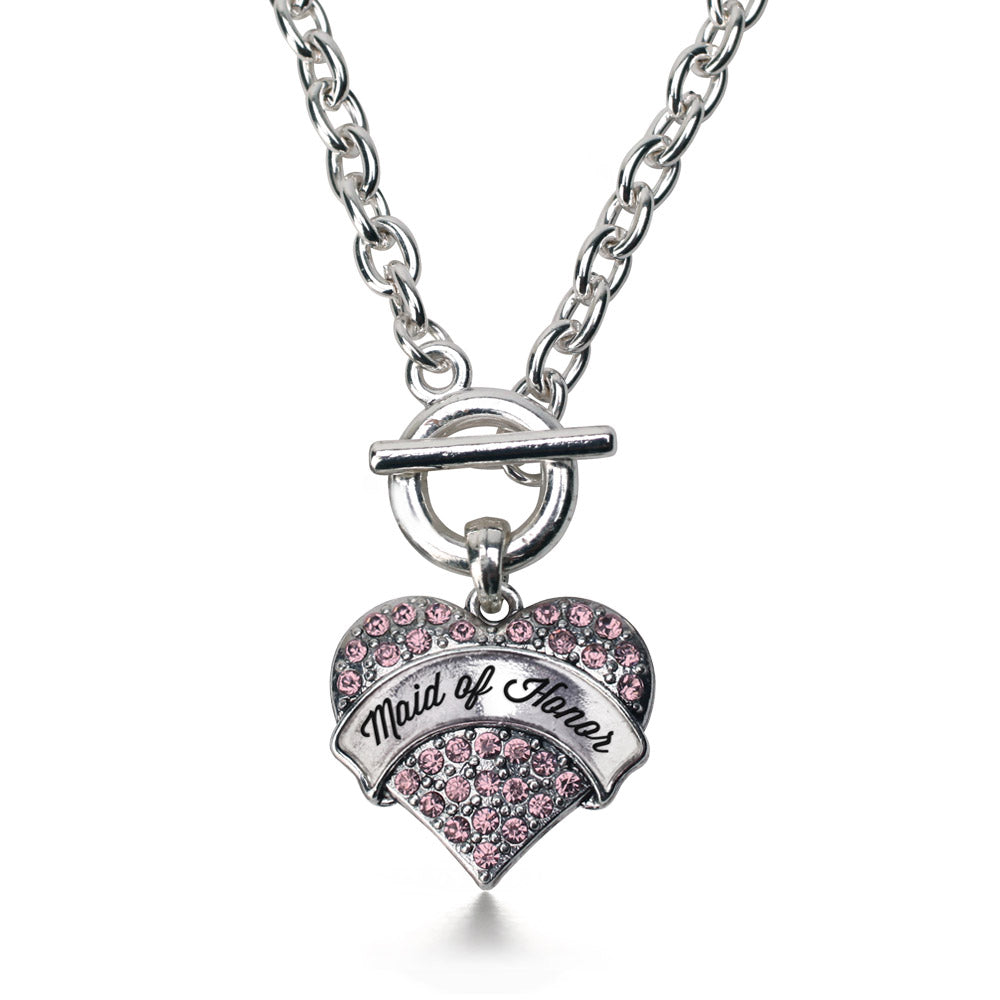 Silver Script Pink Maid of Honor Pink Pave Heart Charm Toggle Necklace