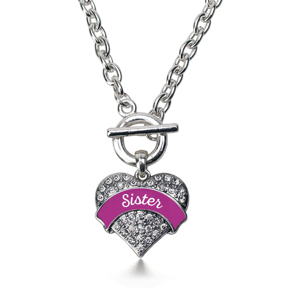 Silver Magenta Sister Pave Heart Charm Toggle Necklace