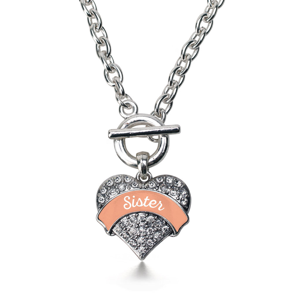 Silver Peach Sister Pave Heart Charm Toggle Necklace