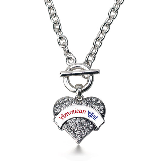 Silver Colored Script American Girl Pave Heart Charm Toggle Necklace