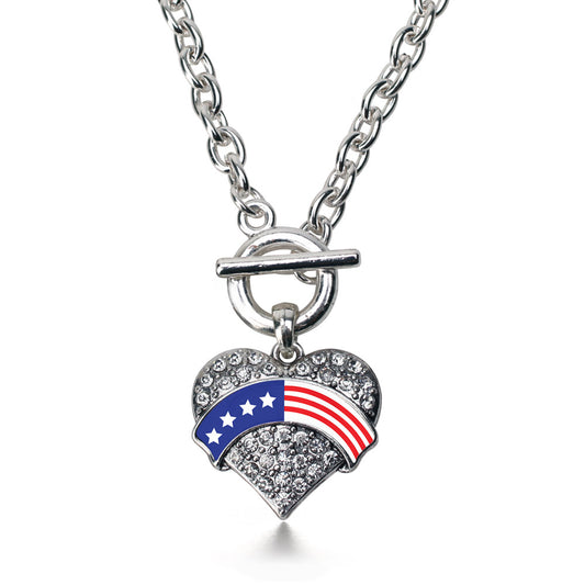 Silver American Flag Pave Heart Charm Toggle Necklace