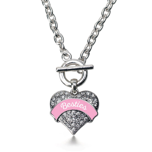 Silver Light Pink Besties Pave Heart Charm Toggle Necklace