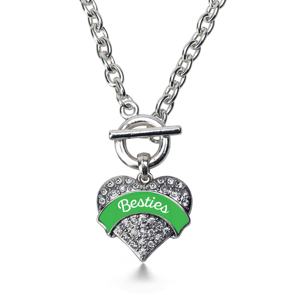 Silver Emerald Green Besties Pave Heart Charm Toggle Necklace