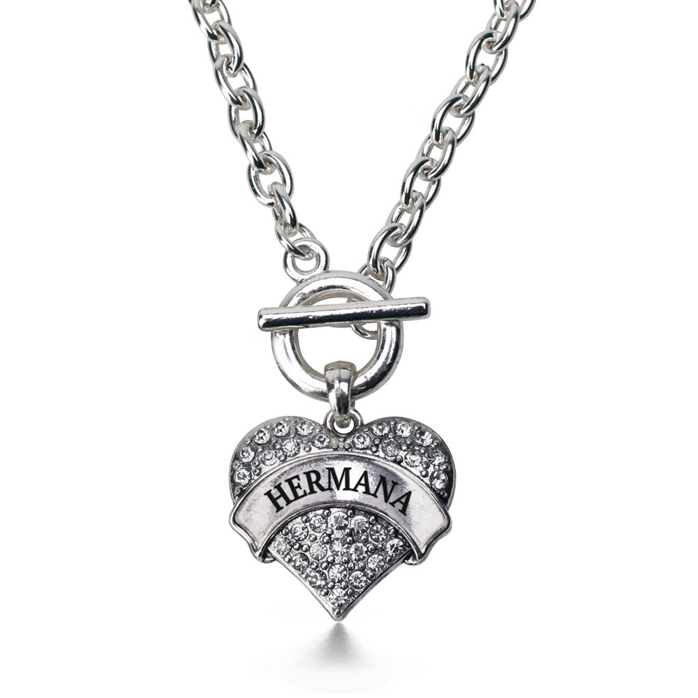 Silver Hermana - Sister in Spanish Pave Heart Charm Toggle Necklace